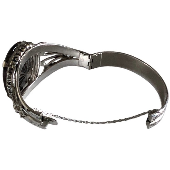 Silver Whiting & Davis Gray Starburst Glass Oval Stone Hinged Bracelet 7” - Picture 6 of 10